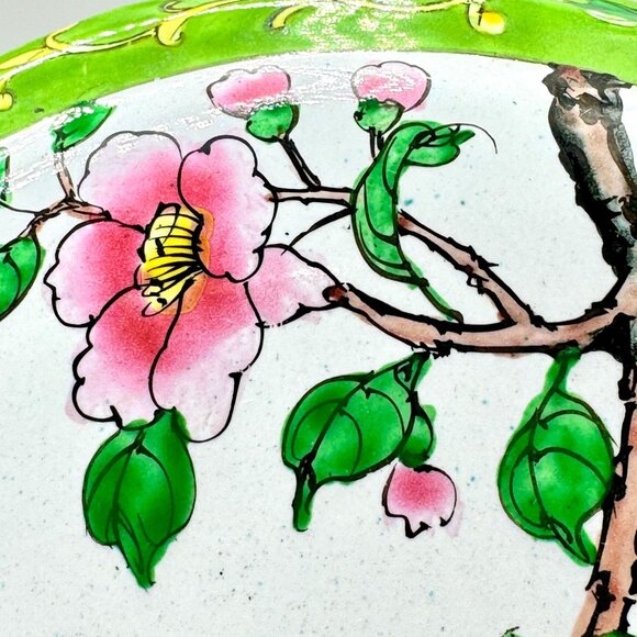 Vtg Hand-Painted Floral Enamel Trinket Box Birds & Blossoms 6" Diameter - Picture 15 of 16